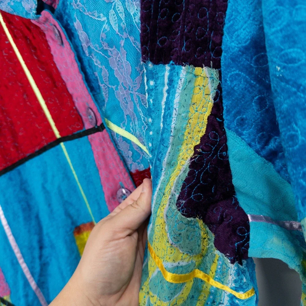 Colorful Patchwork Jacket Womens 1X Art to Wear‎ Lace Velvet Maximalist 90s Boho